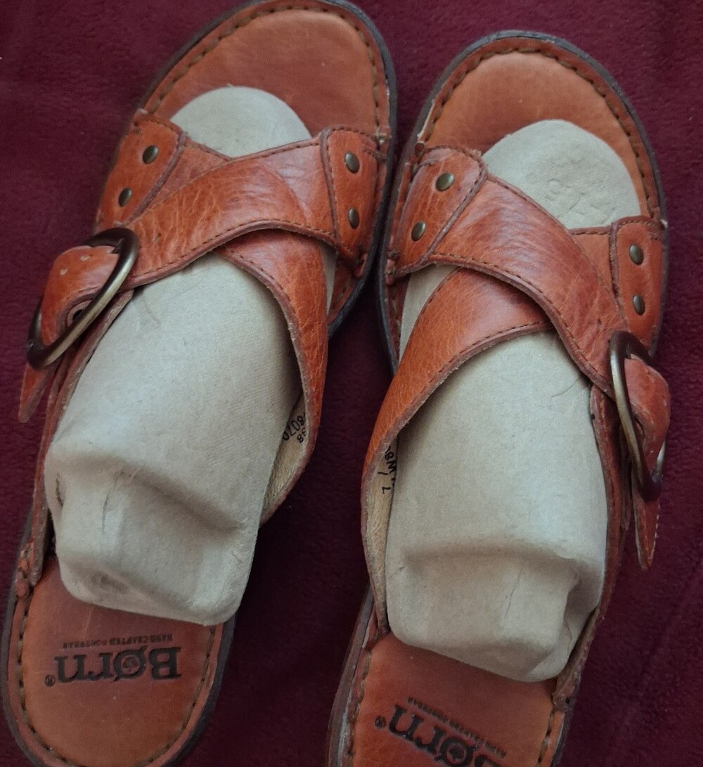 Born Tan Leather Buckle Clog Sandals